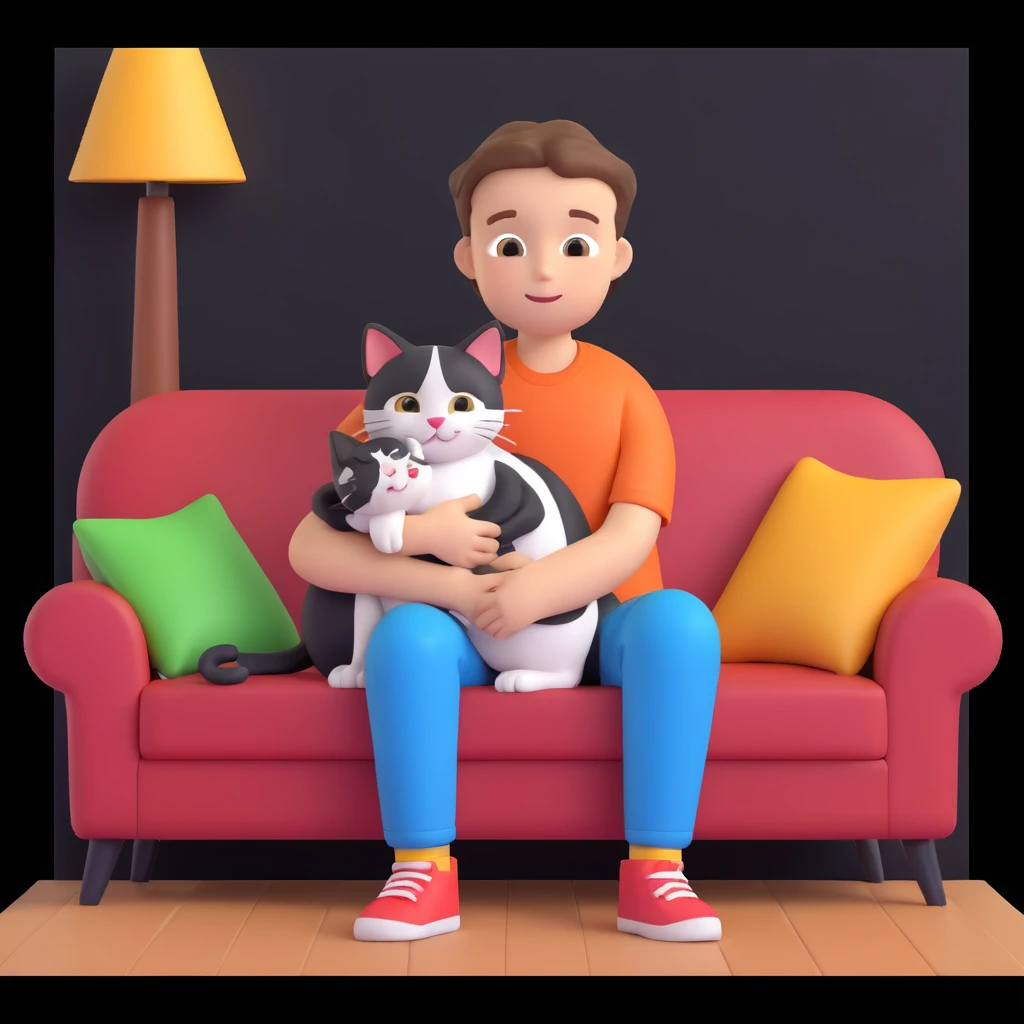 boy and cat pet, living room background emoji