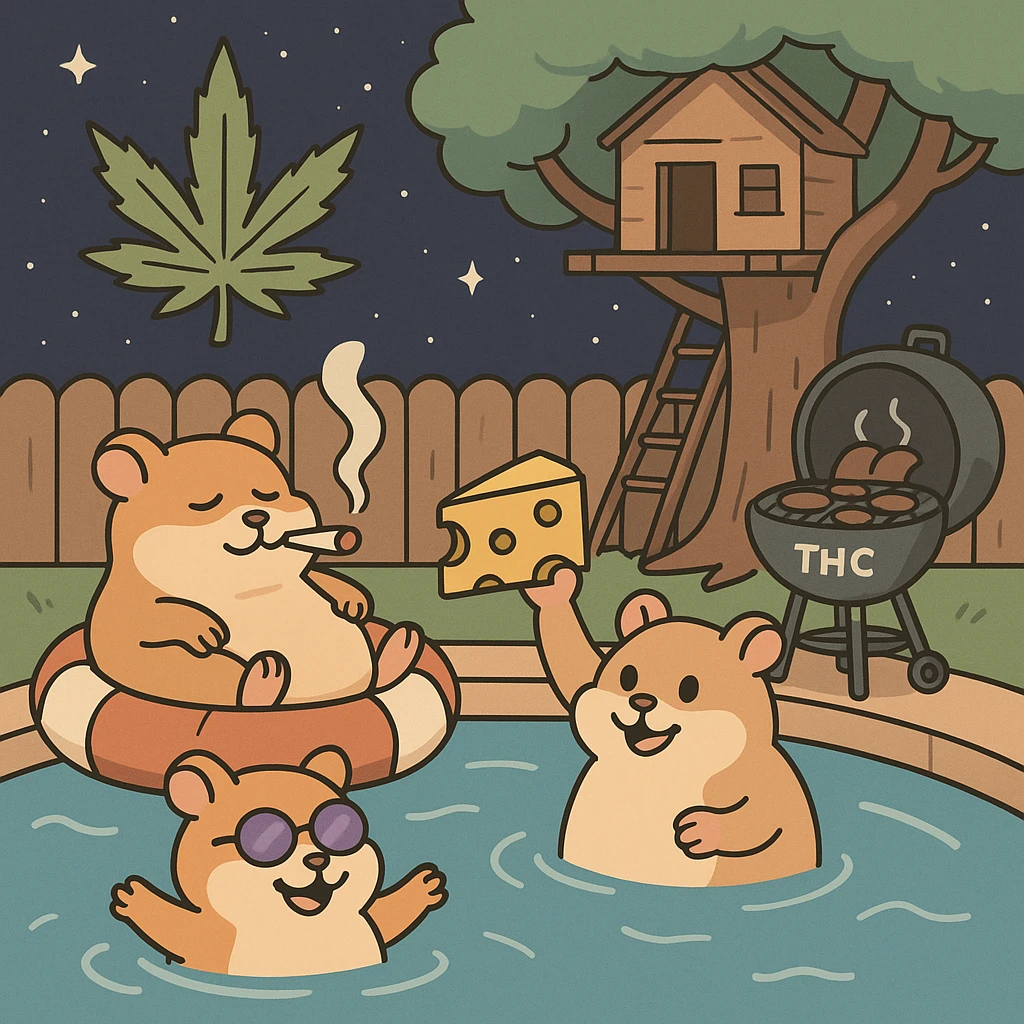 Discord server icon, square format, summer pool cookout scene with up to 3 hamsters playing and relaxing, weed leaf, cheese, and THC theme, near a treehouse, in space. Flat toon style, soft but colorful, bold outlines, nostalgic, fun, inviting, summer party vibe, clear composition, less vibrant colors, designed to look good even at tiny size. emoji
