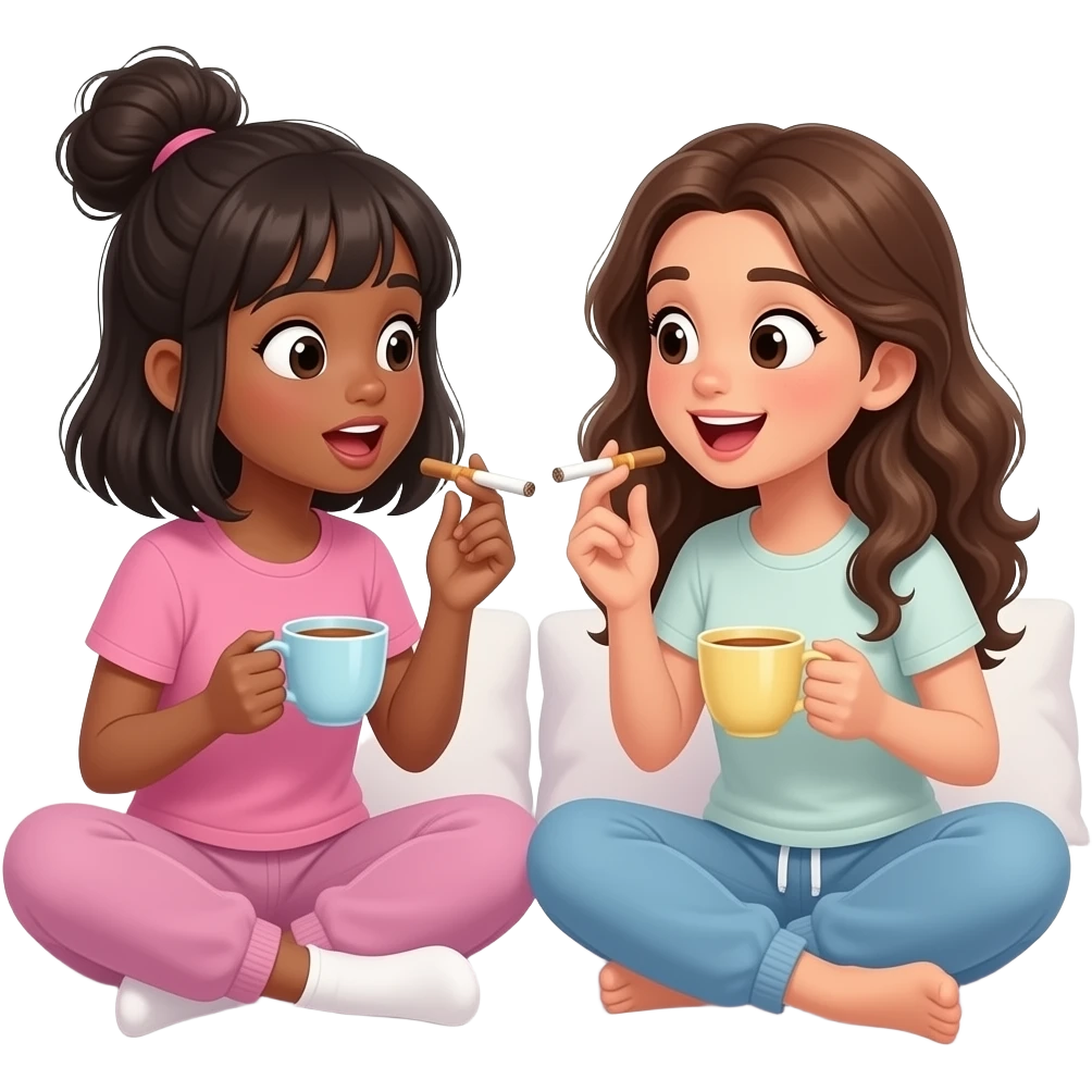 A black girl with bangs, a messy bun and shoulder length hair and a Hispanic girl with wavy long dark blonde hair gossiping while smoking blunts and drinking tea out of tea cups and wearing sweats sitting on a bed. We both have surprised smiling look on our faces emoji