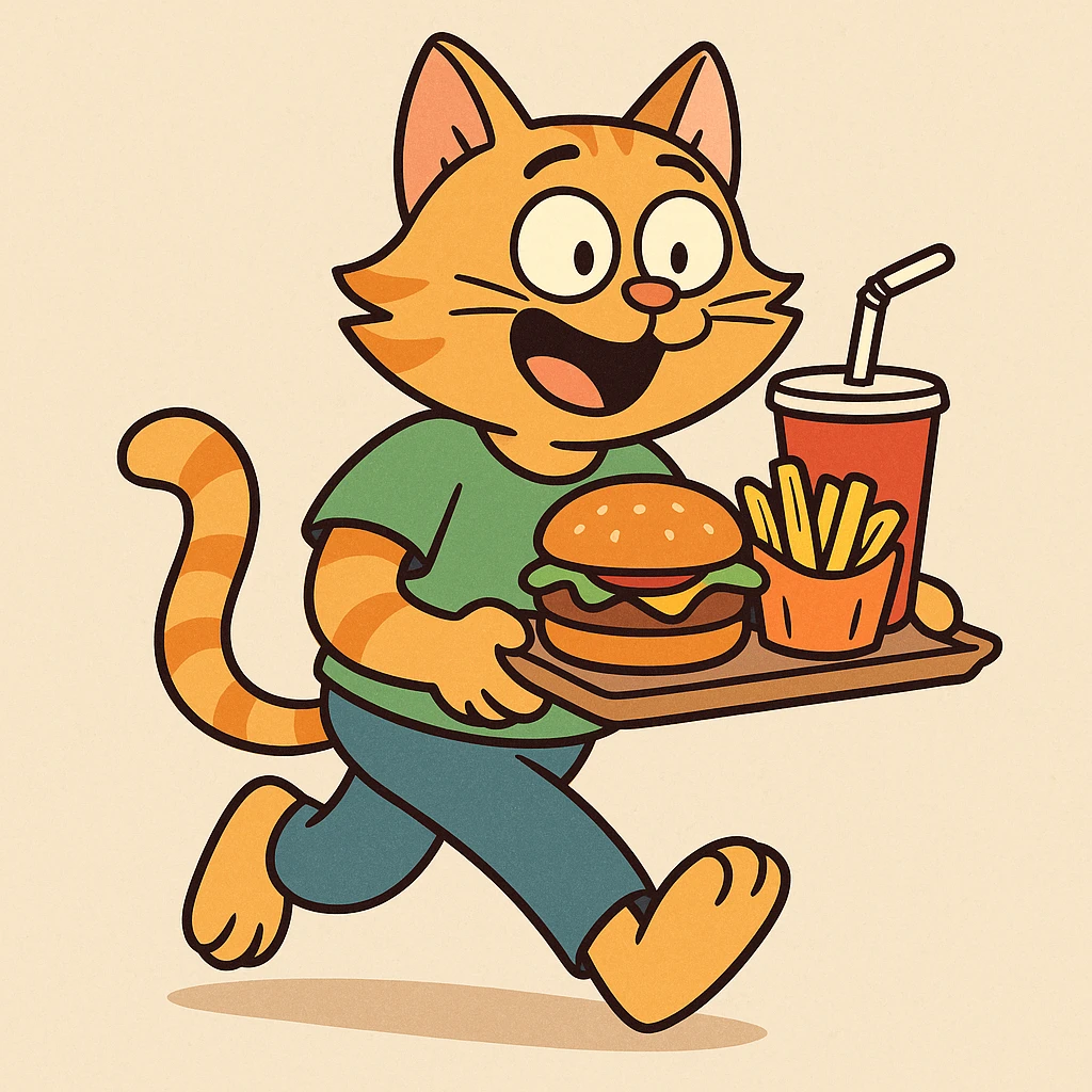 cat carrying food, colorful and cheerful cartoon style, vibrant and lively emoji