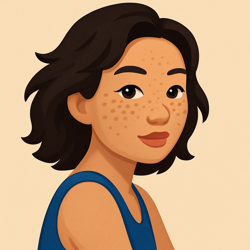 turn the second man in emoji style of the 1st image, match the facial features and match dressing style of the 2nd image, she is wearing blue tank top lose, side pose emoji