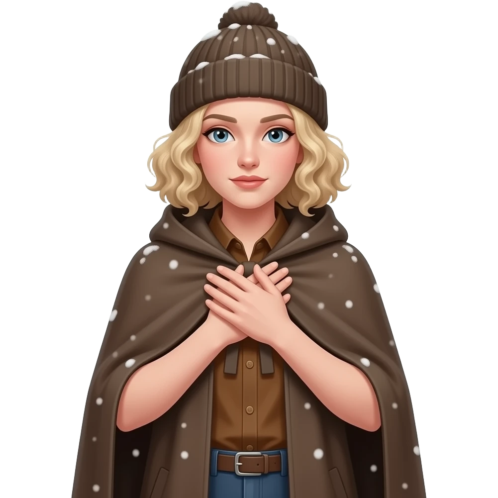 blonde tight curly bob cold face with hands sheltering body in a cape coat and winter hat and snow around in a brown short sleeveshirt emoji