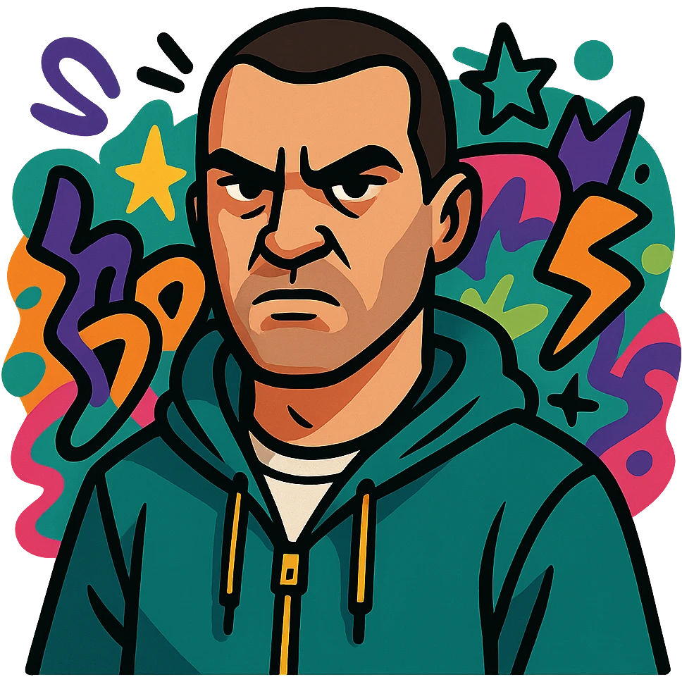GTA5 main character icon, tough expression, streetwear, graffiti background emoji