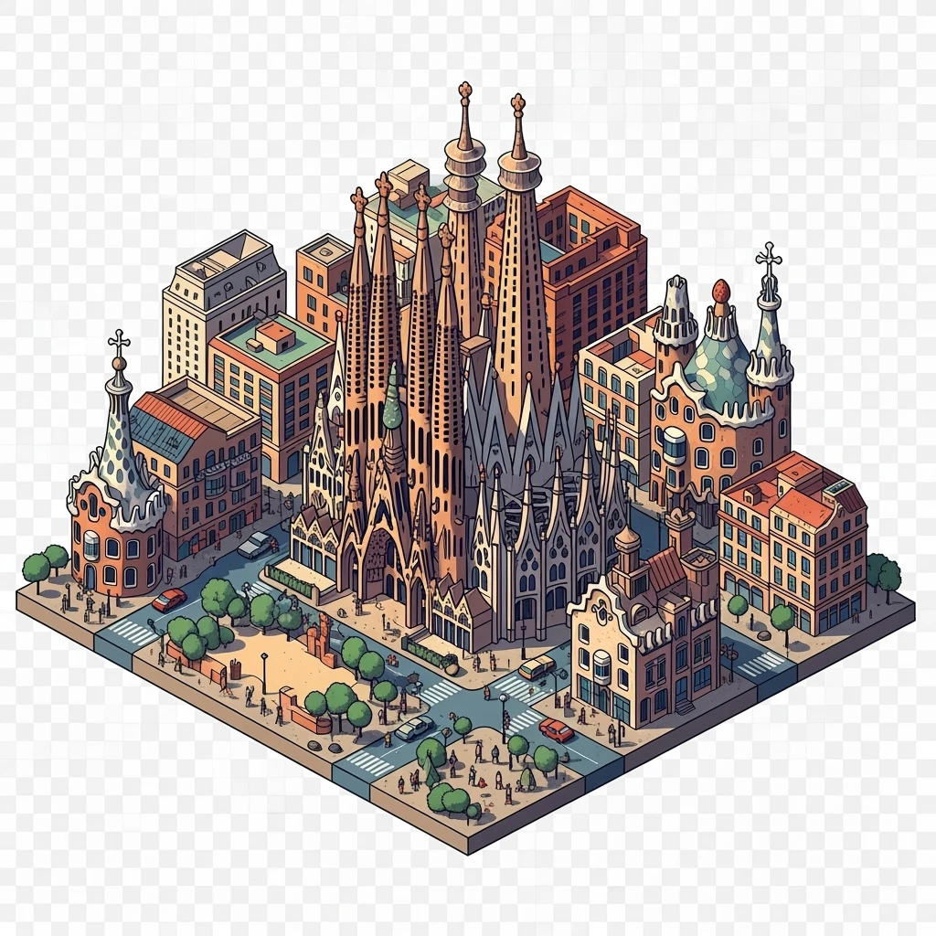 Isometric illustration of Barcelona, featuring Sagrada Familia with intricate spires, highly detailed in semi-realistic style with sharp outlines, balanced between stylized and realistic, 3D miniature effect, transparent background. emoji