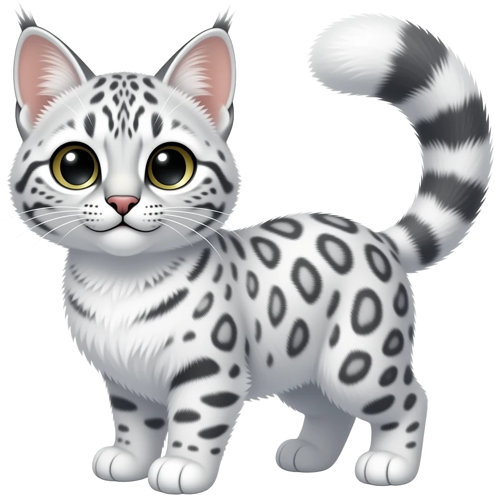 White fuzzy furry snowy cozy beautiful gorgeous realistic cute serval-Manx-bobcat-caracal-snow-leopard-fantasy-hybrid-animal with long thin tufted tail emoji