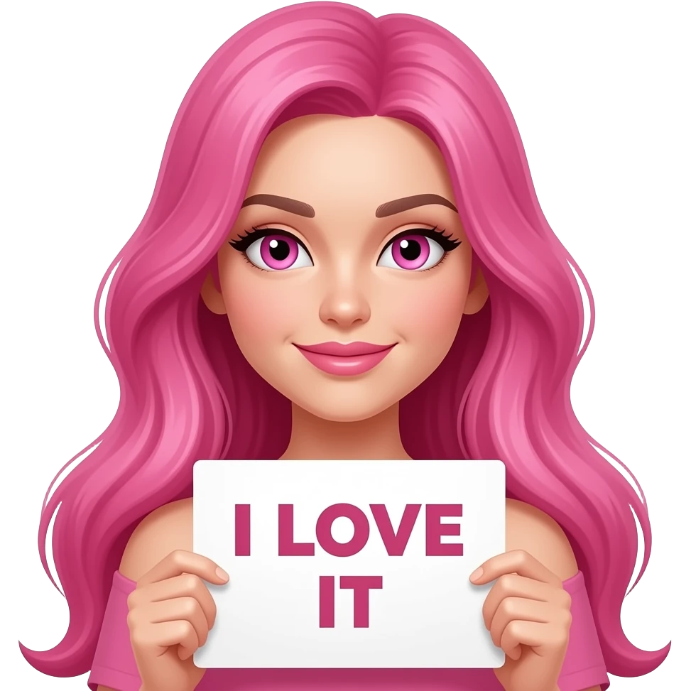 sexy girl with long pink hair and pink eyes holding I LOVE IT sign emoji