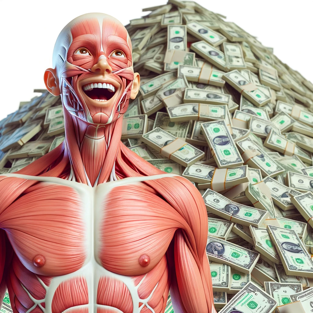 corpo umano anatomico sereno e felice con una montagna di banconote davanti, espressione stupita, iperrealistica 4k, isolato su sfondo bianco emoji