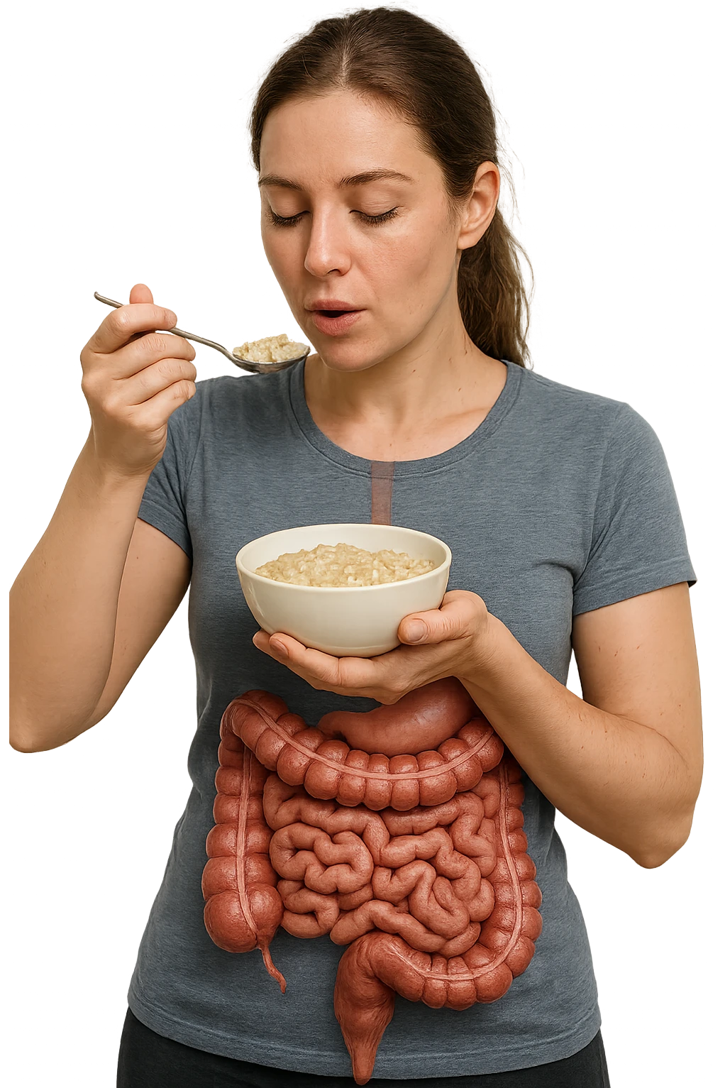 DONNA REALISTICA IN PIEDI CON INTESTINO UMANO ANATOMICO IN EVIDENZA CHE MANGIA UN PORRIDGE DI AVENA, iperrealistico 4k, SFONDO BIANCO emoji