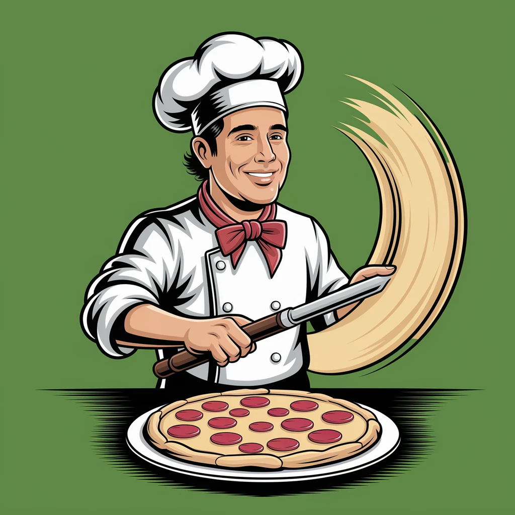 digital vector art of smiling Italian chef spinning pizza dough emoji