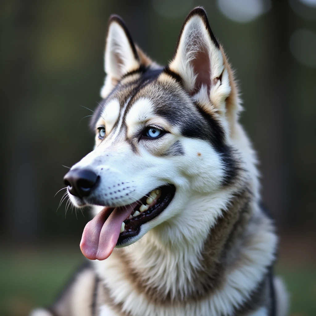 Siberian husky, realistic style, detailed fur, blue eyes emoji