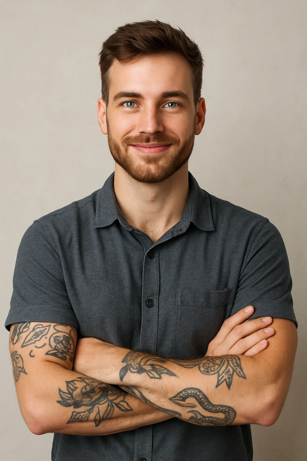 A man, 25, blue eyes, brown hair, short beard, arms crossed, smiling, tattoos visible on his left arm, confident expression. emoji