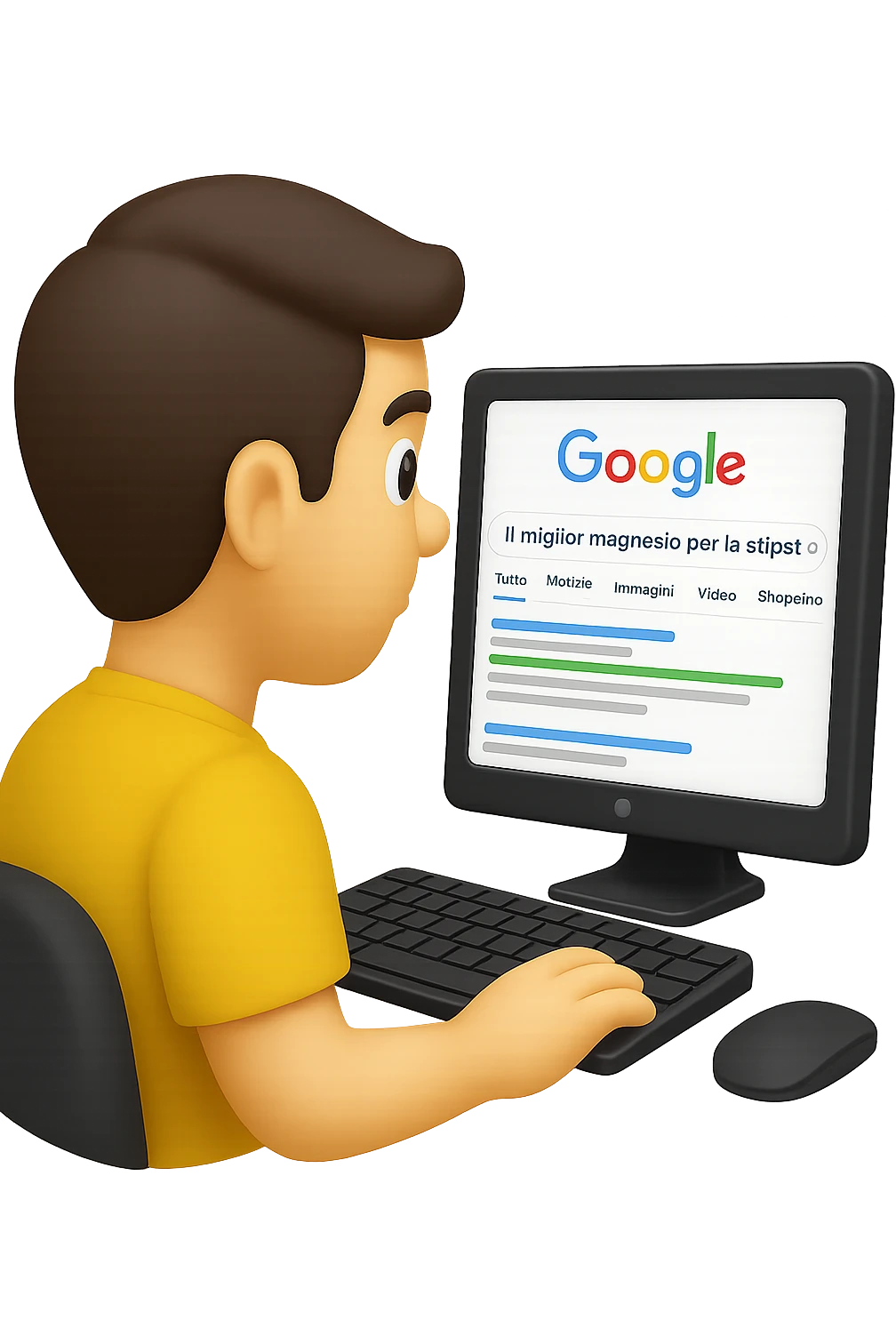 emoji stile iphone di un uomo davanti al pc che cerca di google: "Il miglior magnesio per la stipsi", iperrealistico 4k emoji