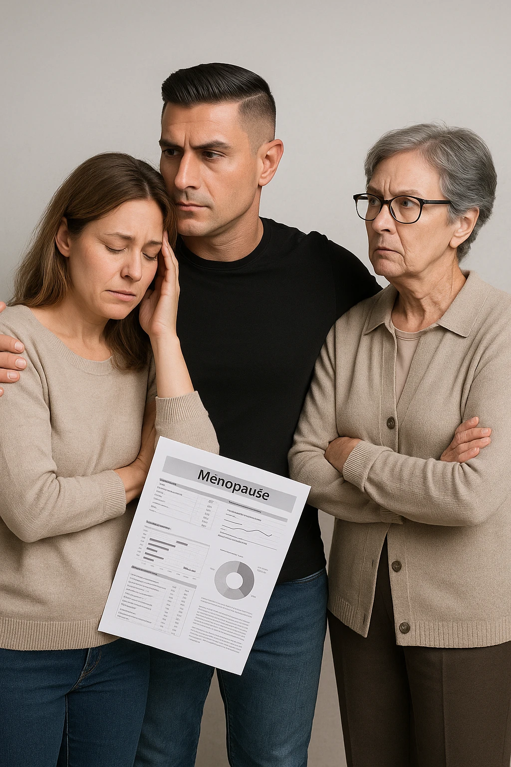 Middle-aged man standing between his menopausal wife and critical mother-in-law, body language shielding her, medical reports in hand proving her symptoms are real emoji