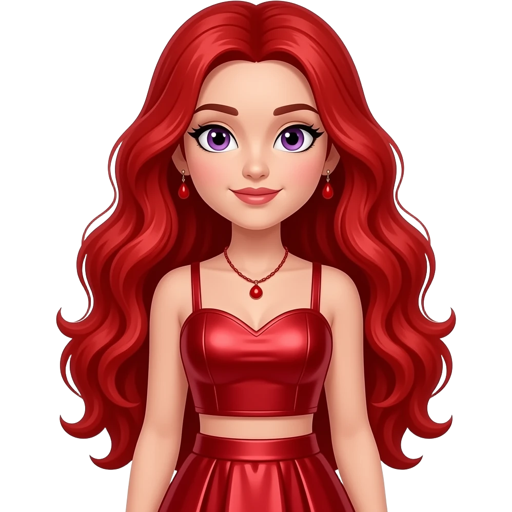 Ruby Anderson from Rainbow High with purple eyes, long bright red wavy hair, red metallic sweetheart crop top and long skirt, red necklace and earrings emoji