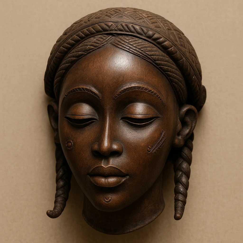 Mwana Pwo mask, Cokwe people, Angola, classic African mask, smooth wood, expressive feminine face, cultural symbolism, minimal background emoji