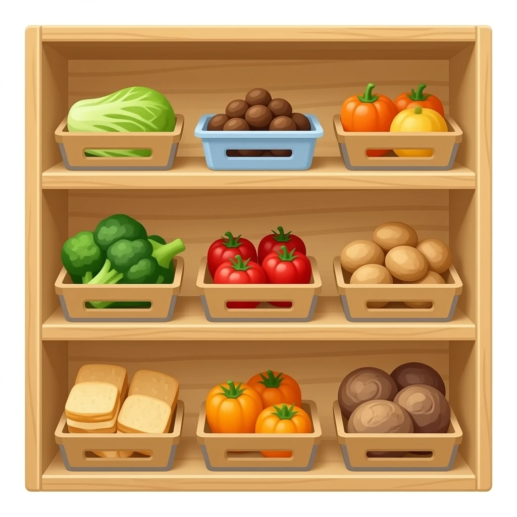 food pantry light wood shelves emoji