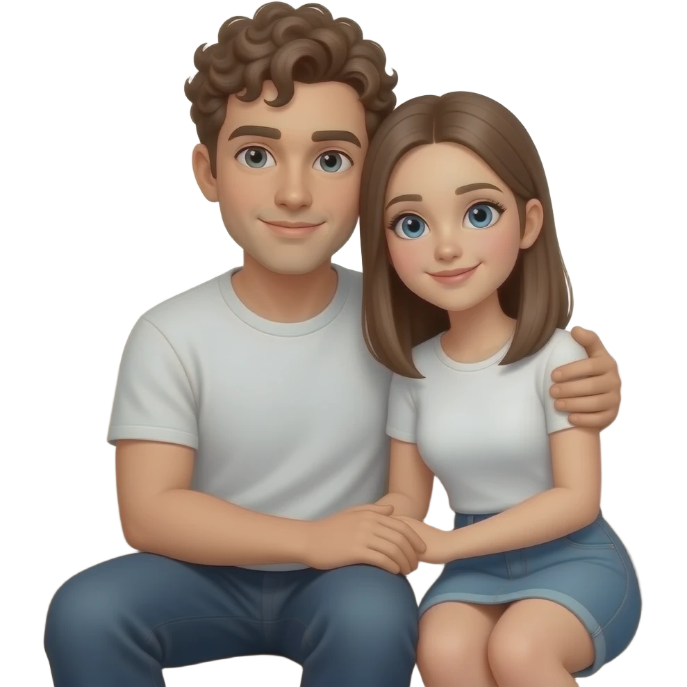 Realistic white man brown super short curly hair cuddling with realistic white girl brown straight hair on couch emoji