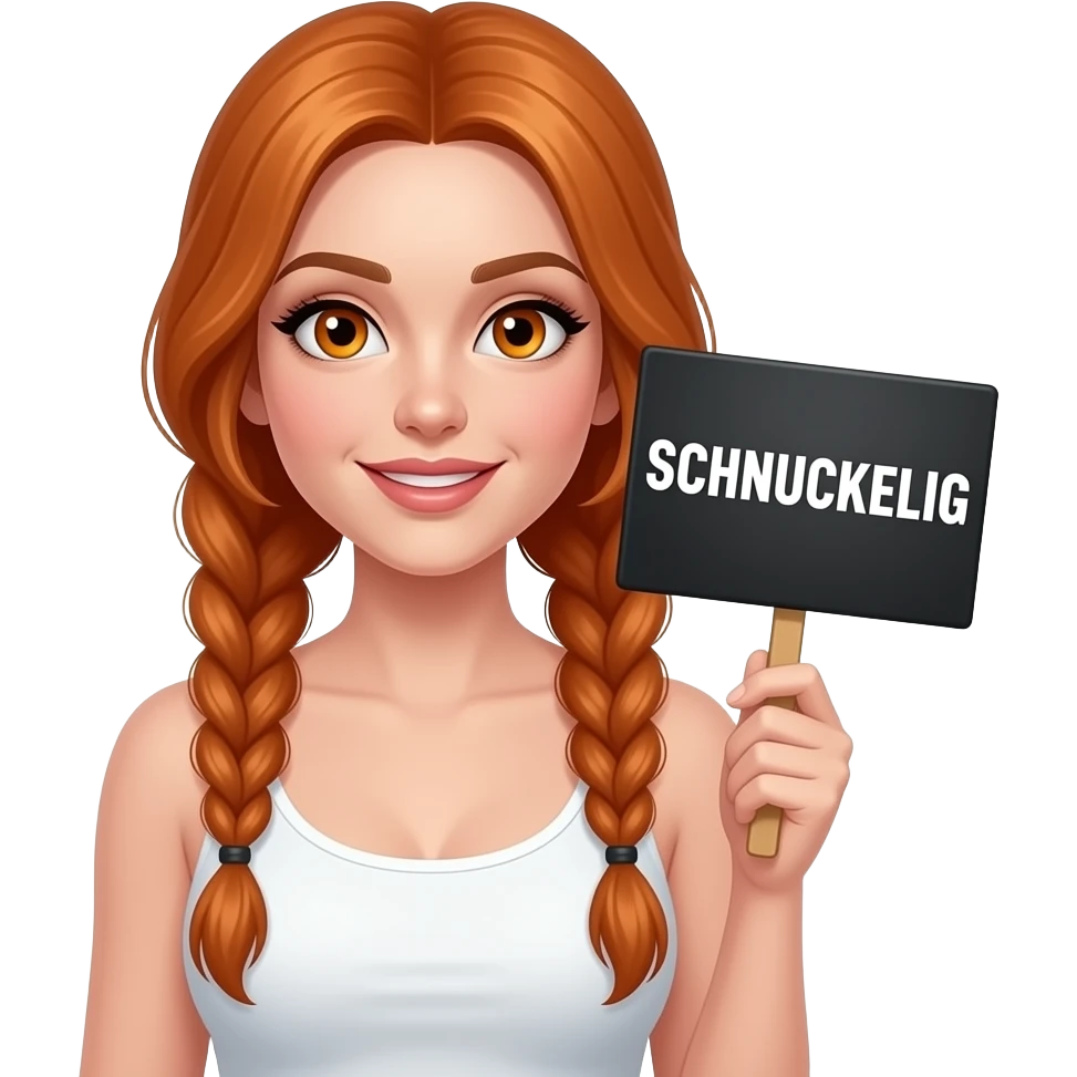 sexy girl with long ginger braids and ginger eyes wearing a white tanktop is holding a black sign with SCHNUCKELIG written on it emoji