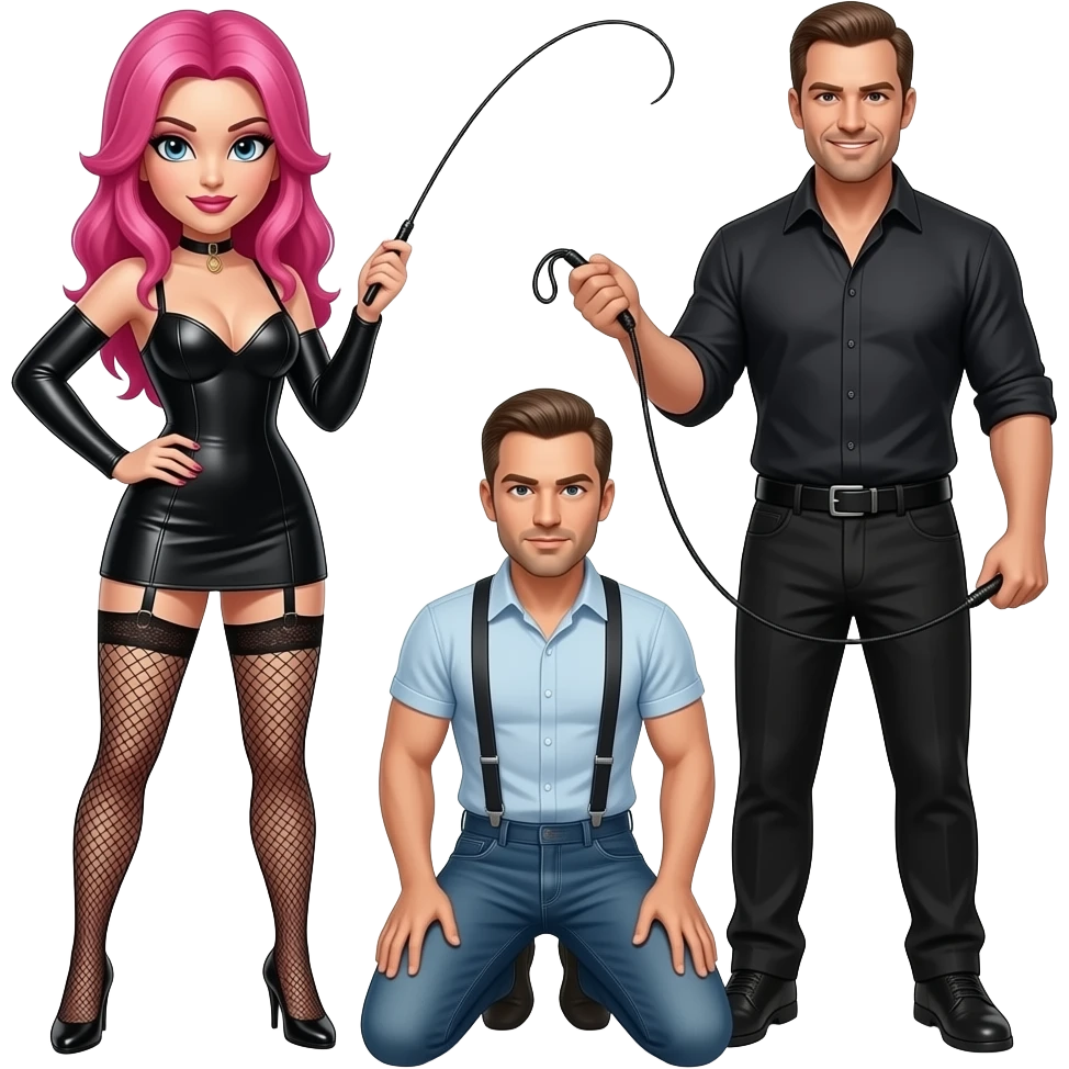 Una dominatrice con i capelli rosa con la frusta, un dominatore con una frusta, e un uomo inginocchiato emoji