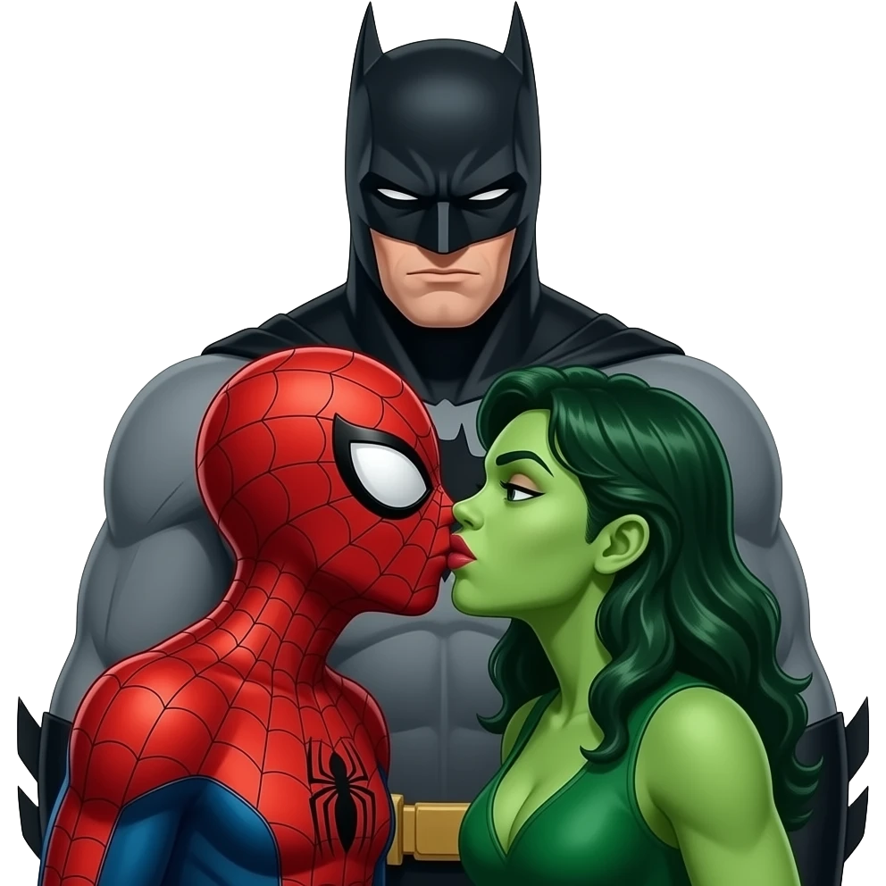Spider man and hulk woman kiss kiss creepy, batman behind her. bust size view emoji