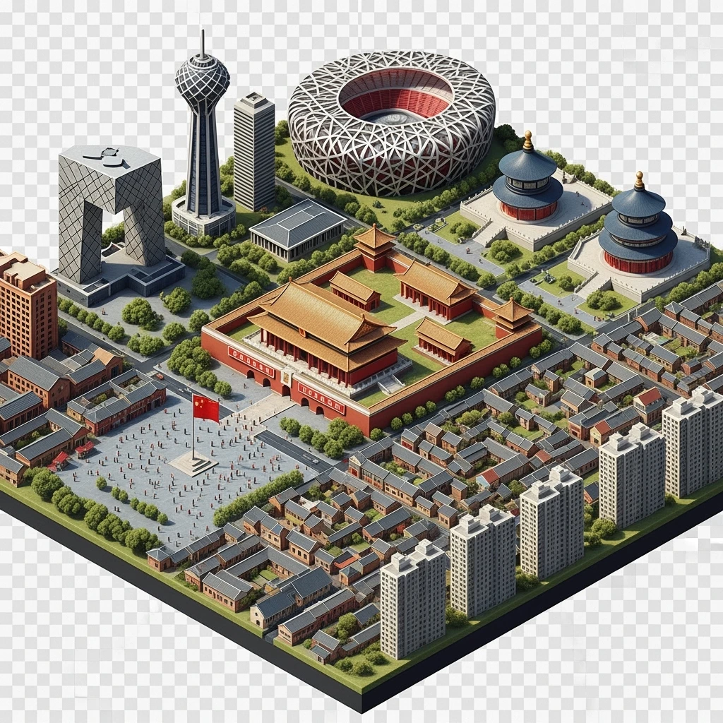 Isometric miniature of Beijing Forbidden City, Tiananmen Square, CCTV Headquarters, Temple of Heaven, Bird’s Nest Stadium and crowded hutong alleys, apartment blocks, 3D miniature effect and Tilt Shift effect, no cartoonish look, transparent background, don't cut angles emoji