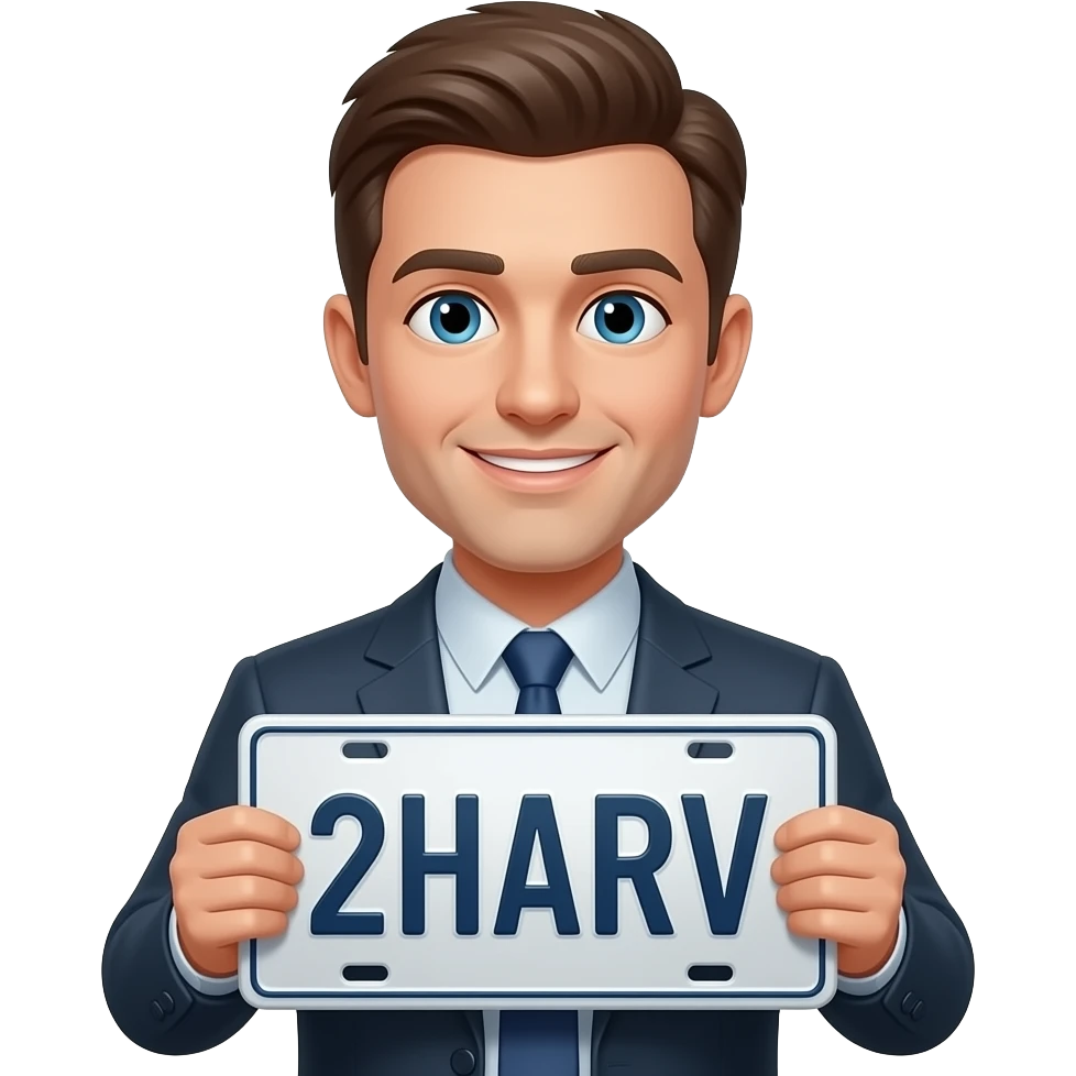 Man with license plate that says 2HARV emoji