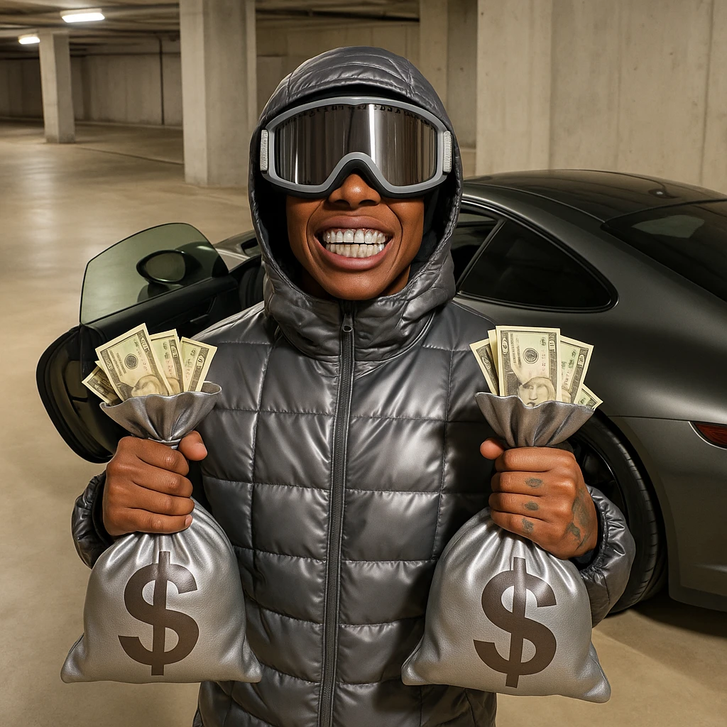 Create a realistic character with brown skin tone and natural facial features. The character has shiny chrome grills on his teeth and shiny ski goggles. He is dressed in a matte chrome patterned hooded jacket. He is holding two chrome brown money bags, each with realistic US dollar bills coming out of the top. Place a car behind him similar to the reference images, with the character posted up in front of it. The face and hands should look natural. The background should show the car and a parking garage, not transparent. emoji