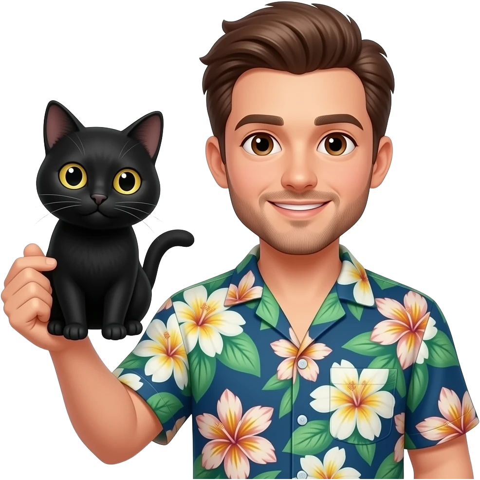 Cute pale skinned guy wearing Hawaiian shirt with brown hair and brown eyes and light facial hair with hair parted to the right side holding up Black cat emoji
