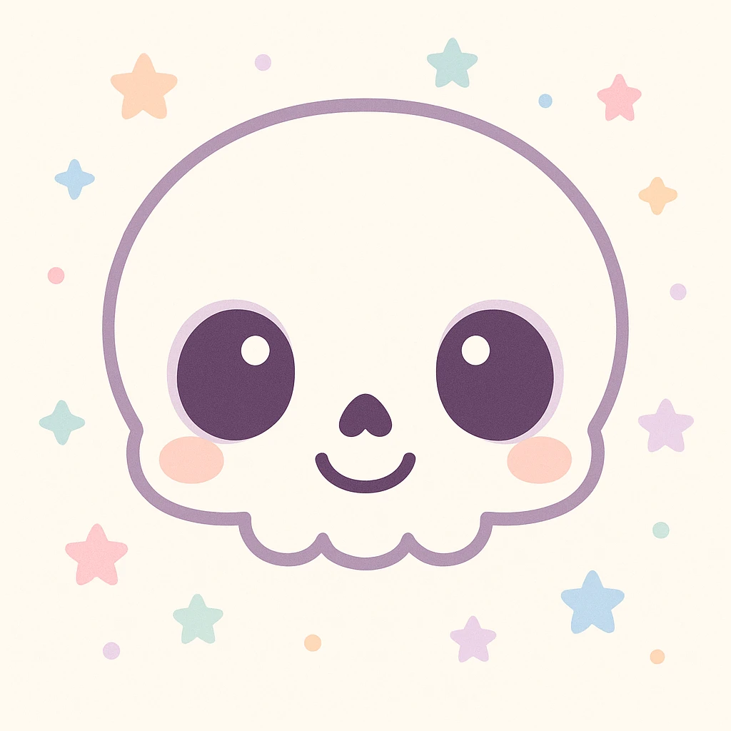 adorable cartoon skeleton head, front view, big eyes, smiling, not scary, kawaii style emoji