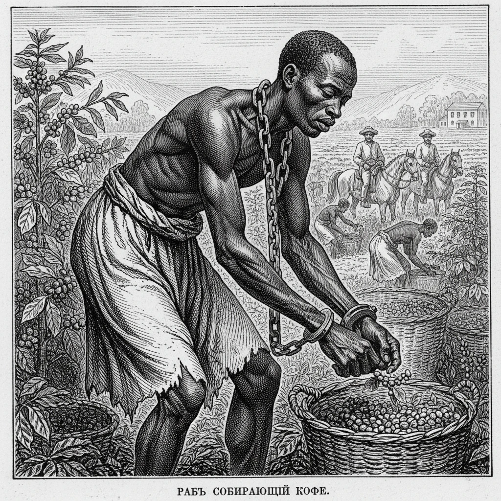 Сгенерируй мне в стиле черно белой гравюры африканского раба с цепью на шее который собирает КОФЕ emoji