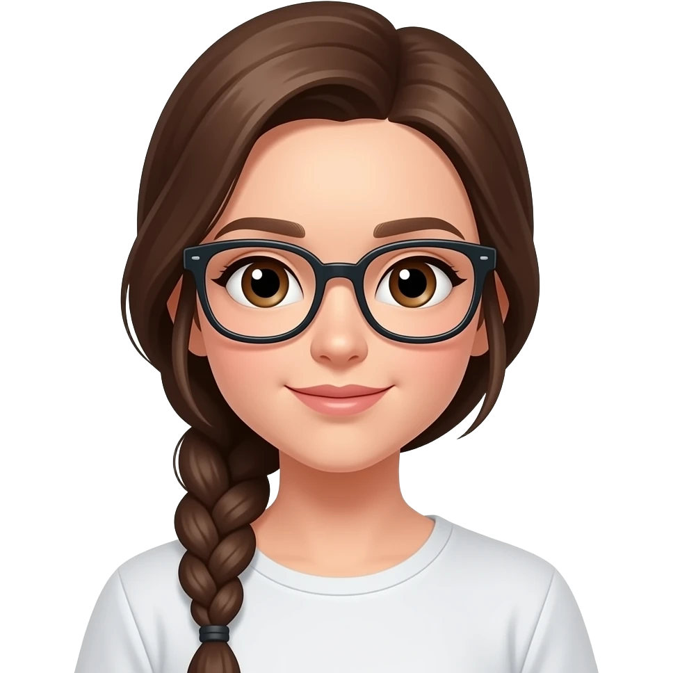 Emoji of a girl with a long brown braid, dark glasses, and brown eyes emoji