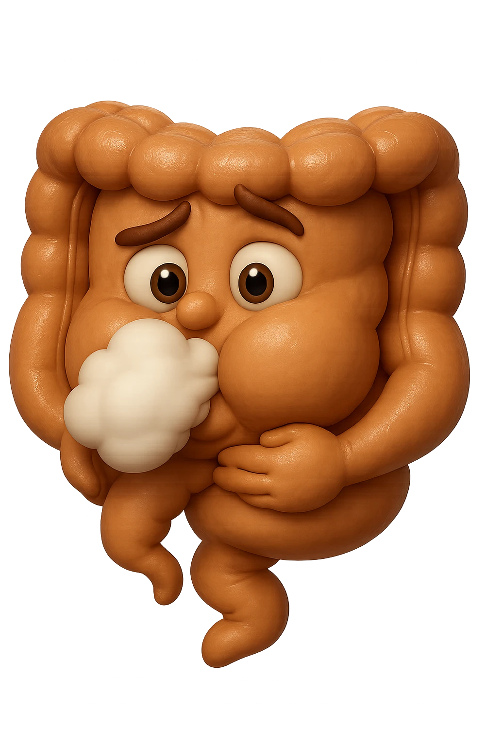 emoji stile iphone di un intestino che ingoia una nuvoletta di aria ben visibile e gli si gonfia la pancia, iperrealistico 4k emoji