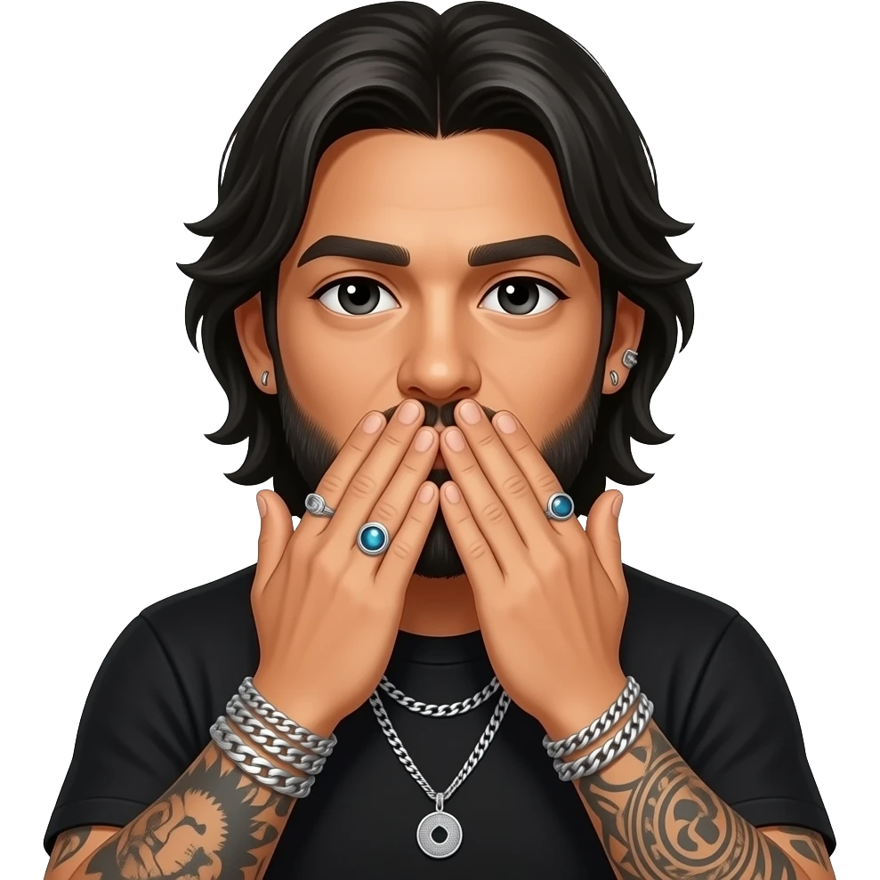 The handsome Latino podcast host with black colored eyes wearing black with silver jewelry, with medium length hair, a pretty long lightly graying beard and tattoos, his ear pierced and right nostril as well, covering his mouth with both hand emoji