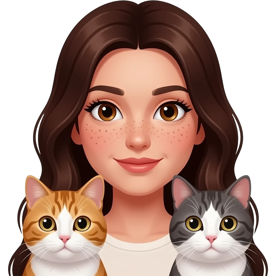 brunette girl with brown eyes and a lot of freckles long dark brown hair long lashes with two cats emoji