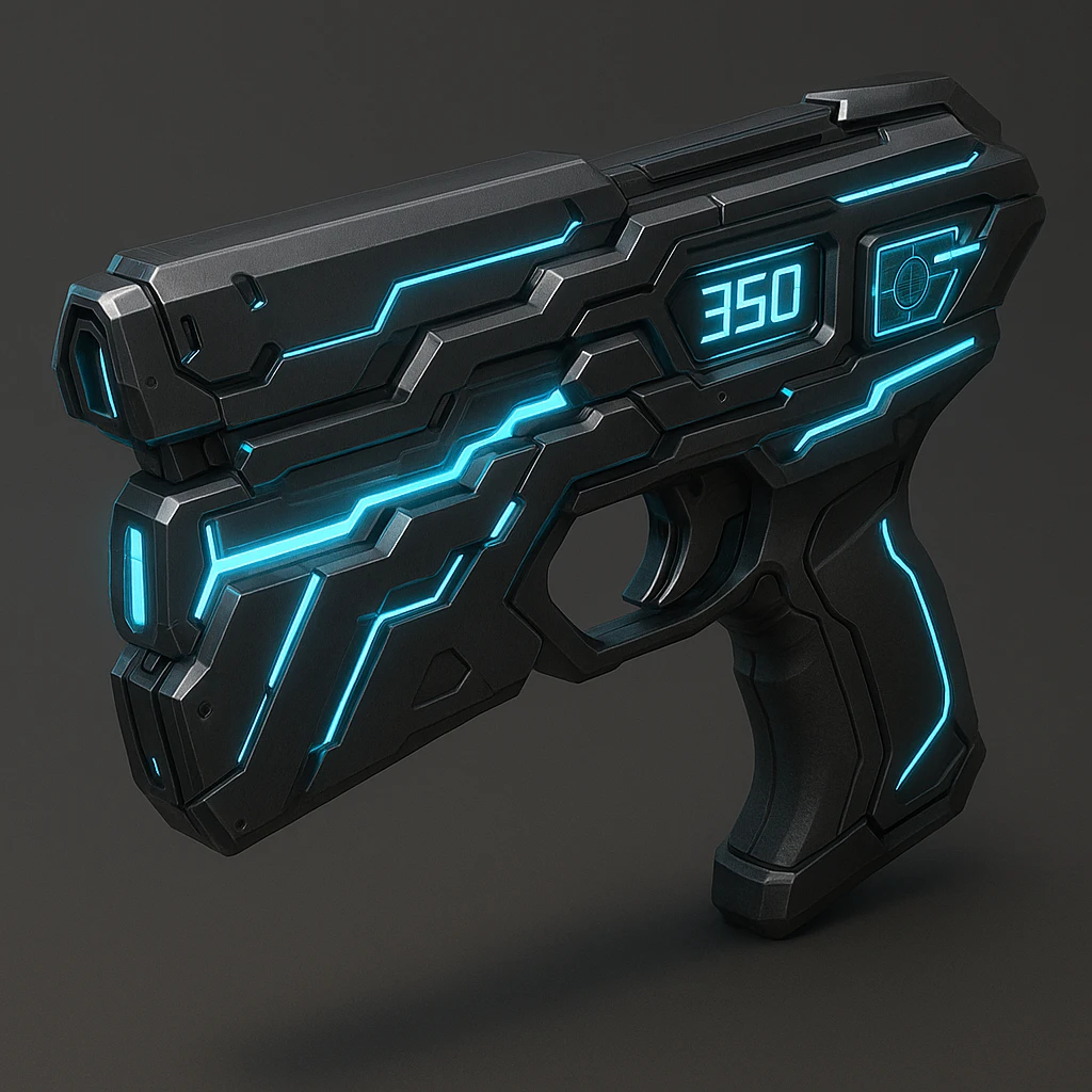 a compact, handheld sci-fi gun reminiscent of the Dominator from Psycho-Pass, with digital displays and blue energy highlights emoji