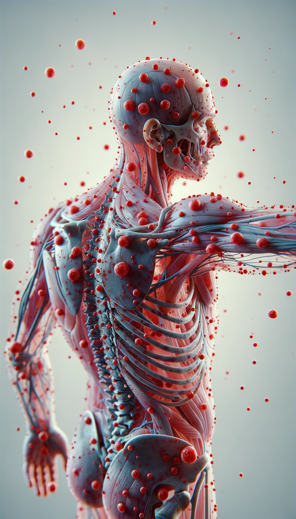 CORPO UMANO ANATOMICO CON RED SPOT DI INFIAMMAZIONE SPARSI SUL CORPO, SFONDO CHIARO, iperrealistico 4k emoji