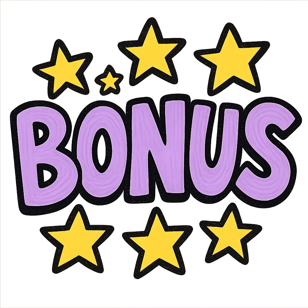 the word BONUS in large letters, all the same vibrant color, surrounded by stars, no background or sign behind, just the letters and stars, vibrant cartoon style QUIERO EXACTAMENTE IGUAL SOLO QUE LAS LETRAS DEBEN SER VIOLETA PASTEL Y LAS ESTRELLAS AMARILLAS emoji