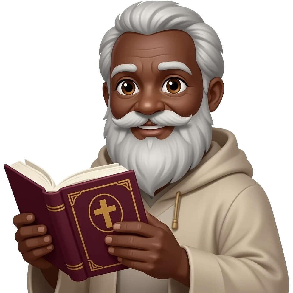 wise old man with grey hair robe friendly slight smile brown eyes white beard black skin with burgundy book that has a cross on it emoji