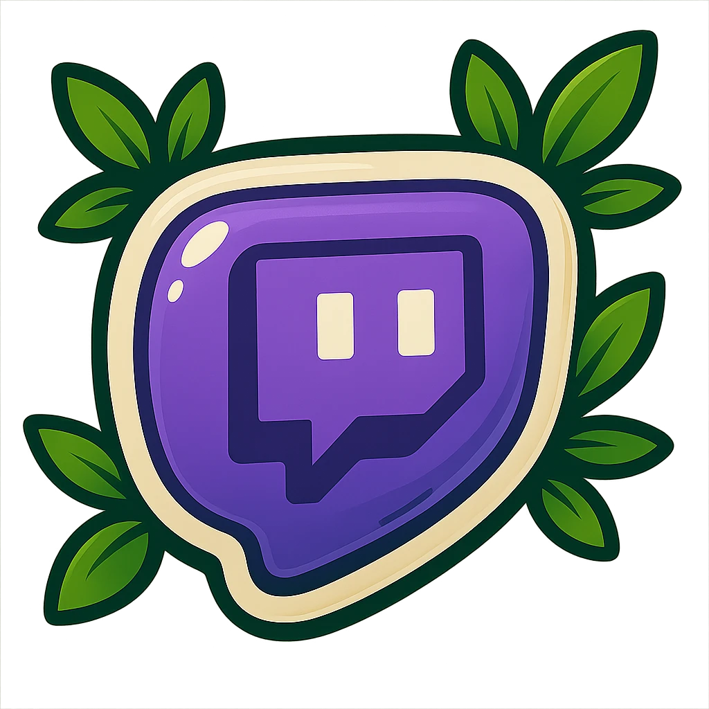 Replace the 'w' with a plump, rounded, cartoon-style Twitch logo. Maintain the same soft, puffy, glossy look with a bold outline, expressive shadows, and bright leaves around the logo. Ensure no sharp corners and no background. Match the reference style closely as shown in the provided image. emoji