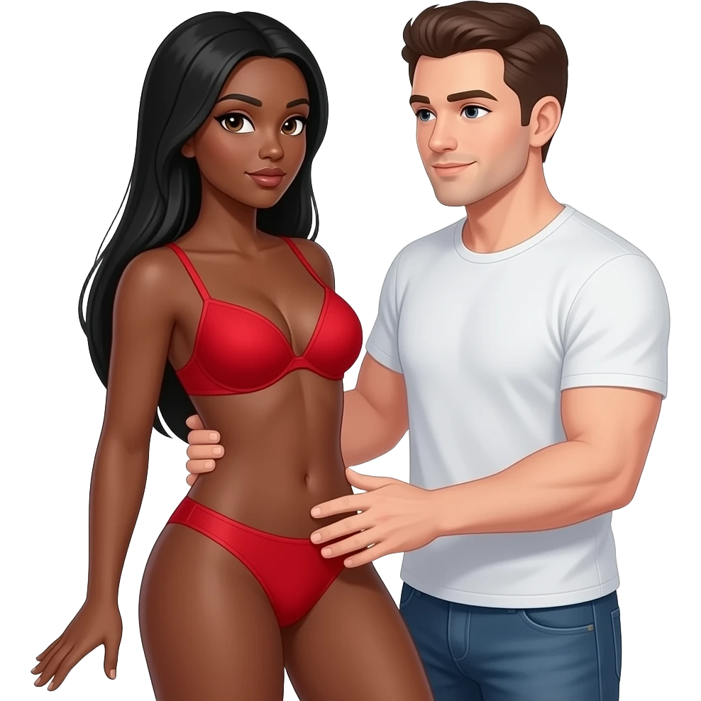 Lightskin black woman with brown eyes & long black straight hair wearing only a sexy red bra & sexy red thong getting fucked by a white man emoji