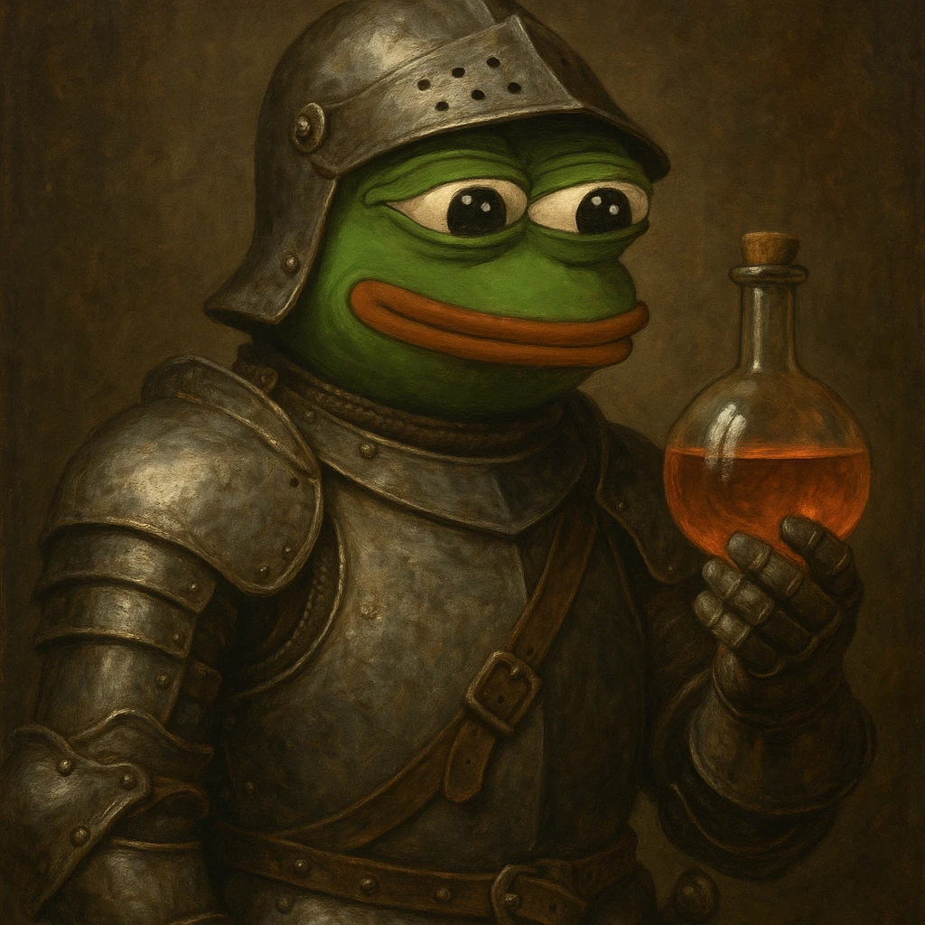 Пэпэ in a medieval armor, holding a potion bottle emoji