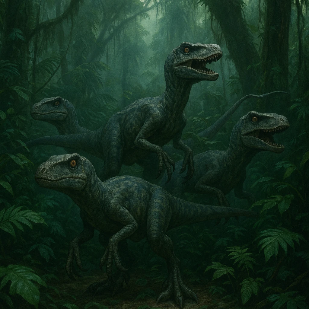 A group of velociraptors in a jungle setting, referencing Jurassic Park, suspenseful atmosphere, dynamic poses, dense foliage emoji