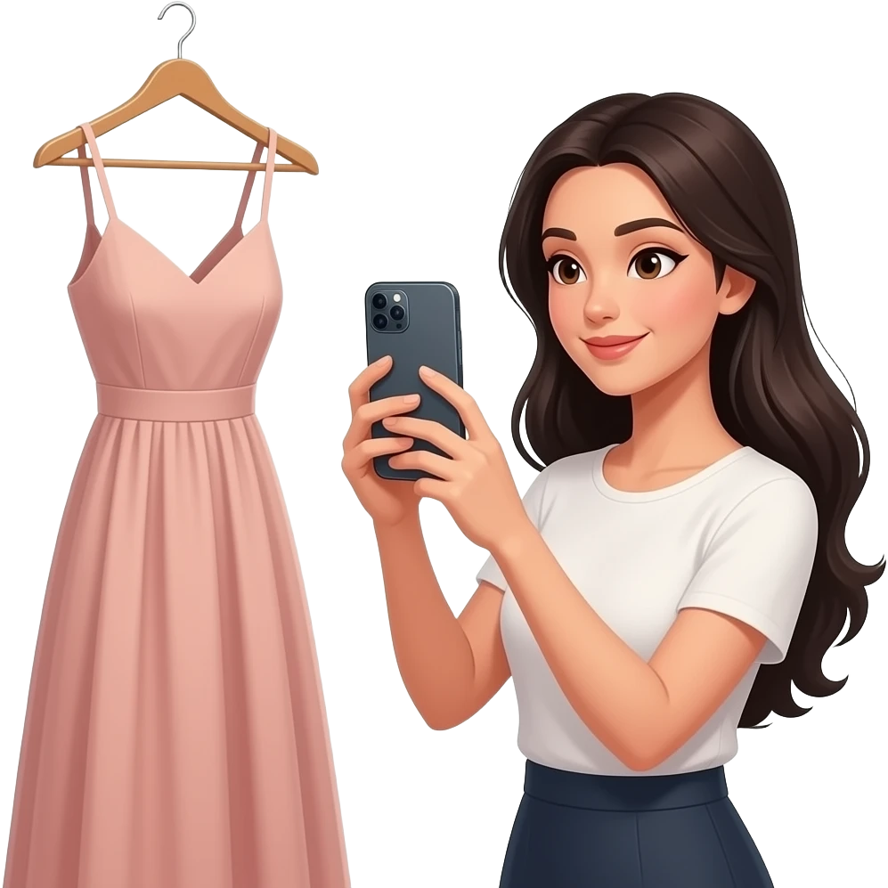 elegant black hair women taking photo with her iphone to a hanging dress emoji