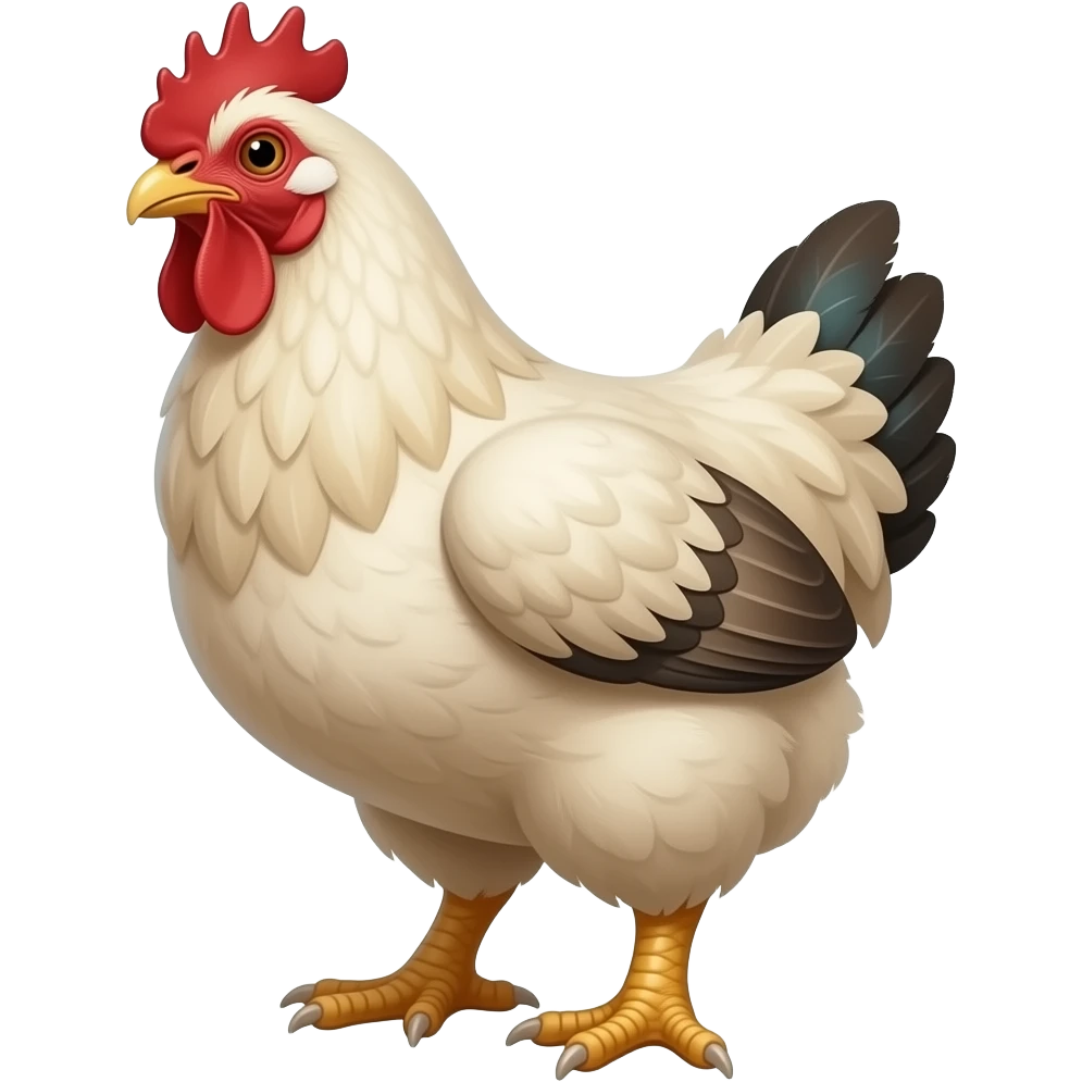 surrealistic - a huge ivory, plucked bald, tattooed chicken with grown thick male feet like a Hobbit, the chicken's head is disheveled, shown at a 45 degree angle emoji