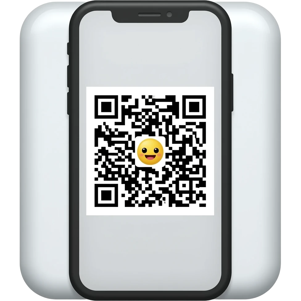 큐알코드가 휴대폰 화면에 띄워져있는 귀여운 느낌의 3d 일러스트 emoji
