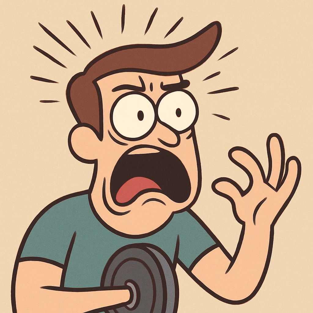 stylized head with lines or explosion effect coming from the top, subtly integrated barbell or weight plate, face showing absolute shock or disbelief emoji