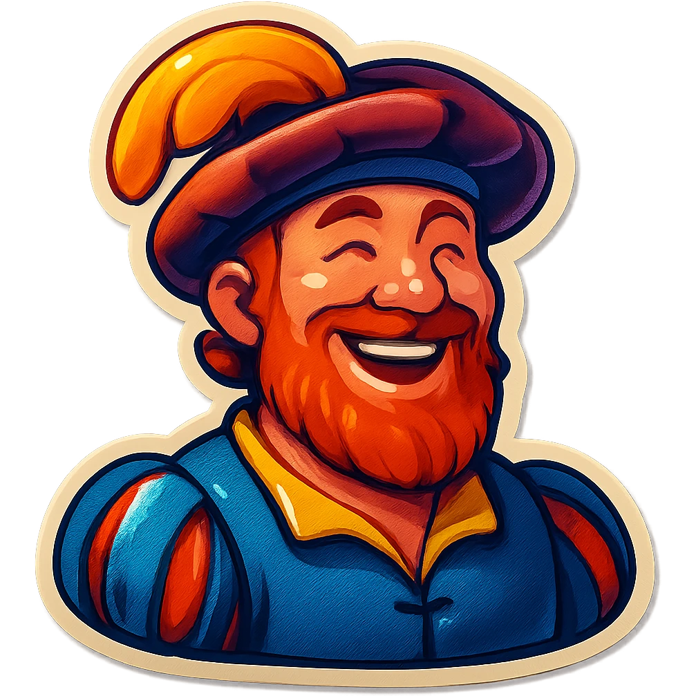 Red-bearded Landsknecht bust showing happiness, flat lightning emoji