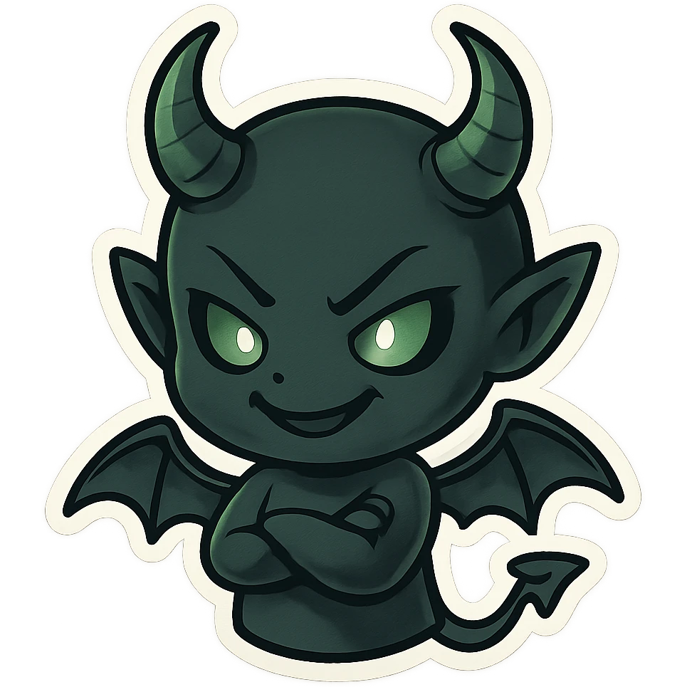devil emoji in chibi style with gothic palette black and green, elegant horns, sinister smile emoji