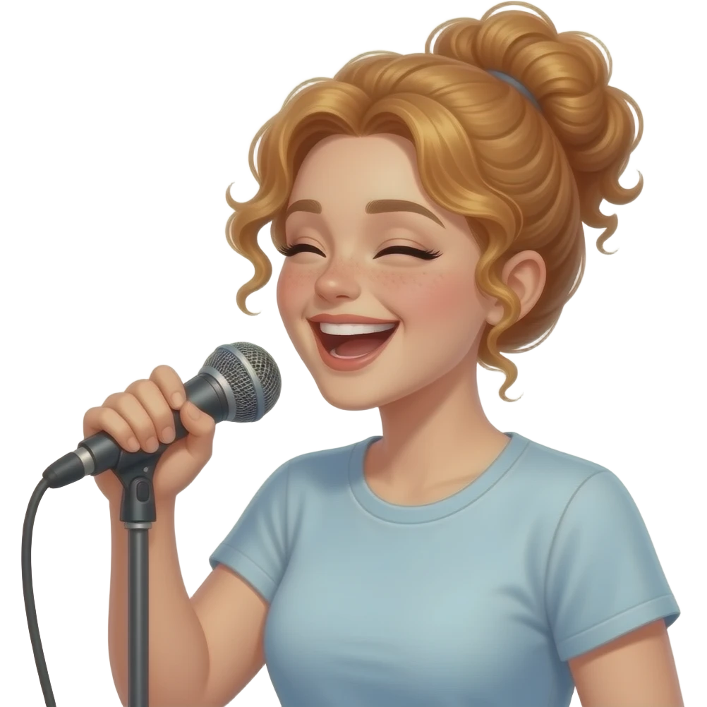 redish blonde with curly bun singing and joking emoji