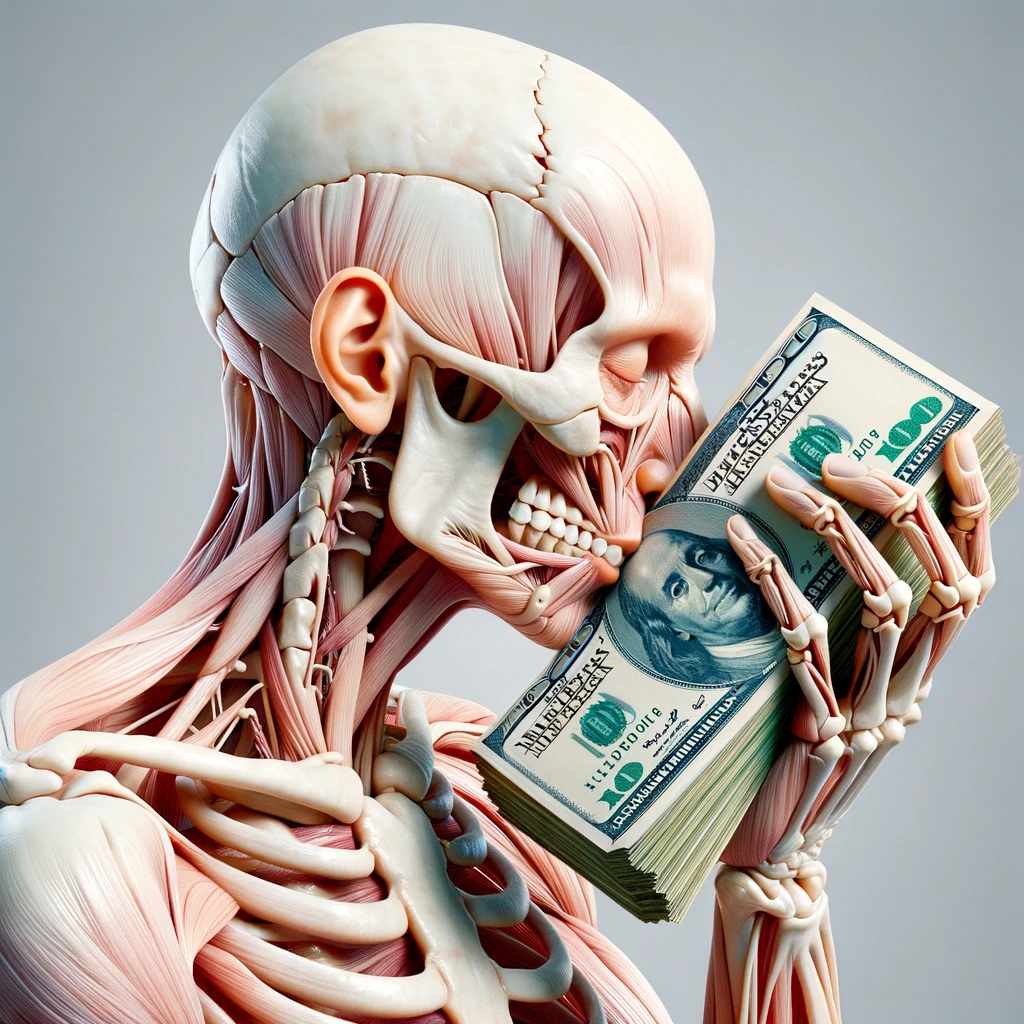corpo umano anatomico che bacia una mazzetta di banconote, iperrealistica 4k, isolato su sfondo bianco emoji
